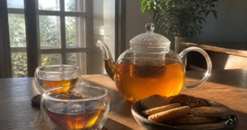 Glasteekanne mit Tee auf dem Tisch