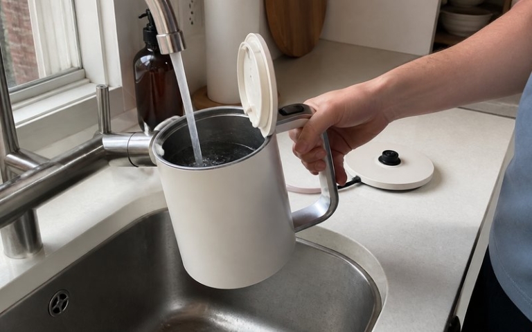 Wasserkocher mit Deckelöffner in der Küche